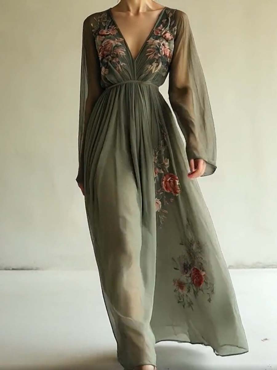 Floral Maxi Kleid mit V-Ausschnitt für Besondere Anlässe