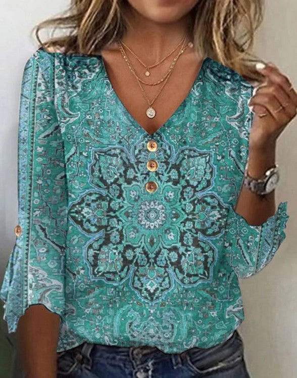 Boho V-Ausschnitt Glockenärmel T-Shirt für Damen