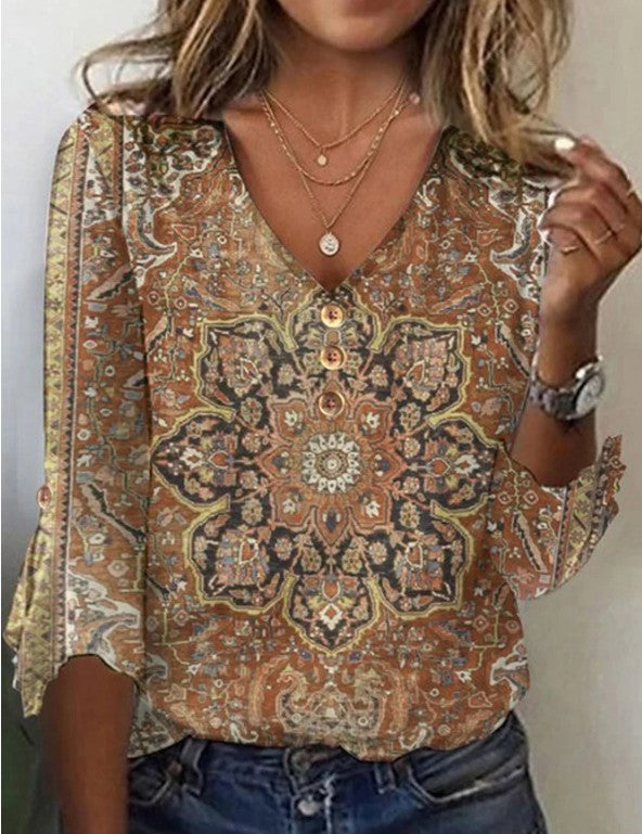 Boho V-Ausschnitt Glockenärmel T-Shirt für Damen
