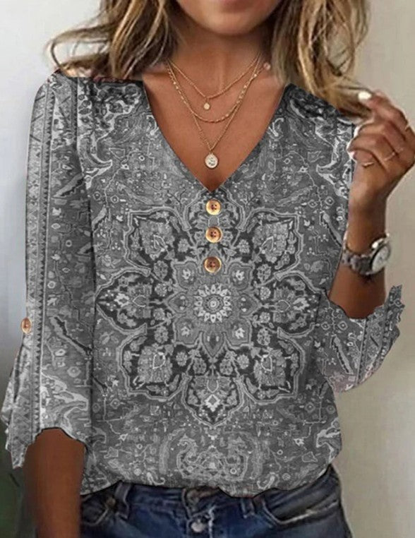 Boho V-Ausschnitt Glockenärmel T-Shirt für Damen