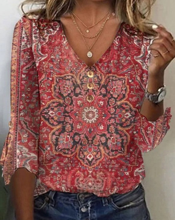 Boho V-Ausschnitt Glockenärmel T-Shirt für Damen