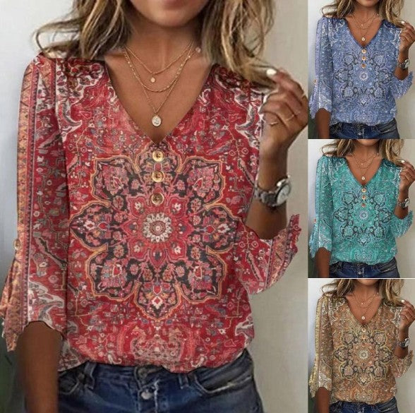 Boho V-Ausschnitt Glockenärmel T-Shirt für Damen