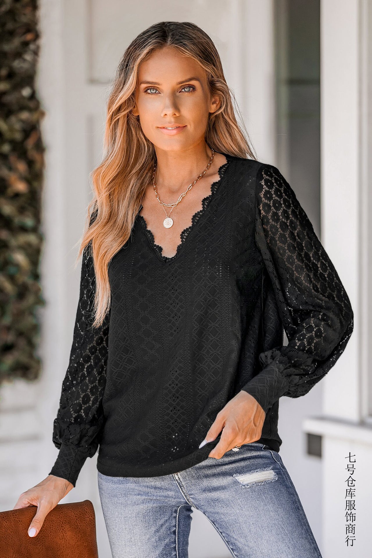V-Ausschnitt Bluse mit Spitzen für Alltag und Frühling