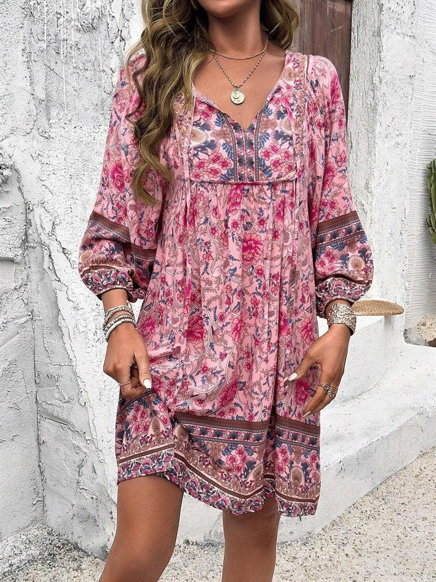 Frühlingshaftes Süßdruck V-Neck Mini-Kleid - Bequem, Vielseitig & Charmant