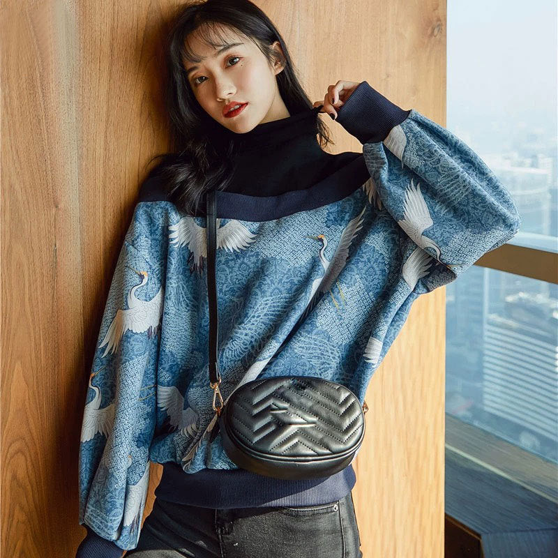 Eleganter Damen-Sweater mit Kranich-Muster für Alltag