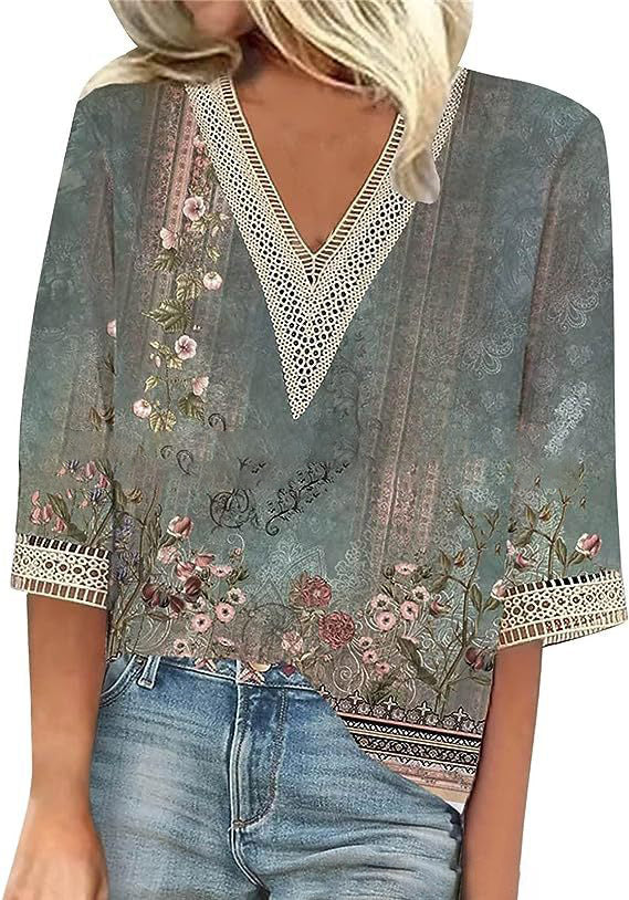 Blumiges V-Ausschnitt T-Shirt für Frühlingslooks