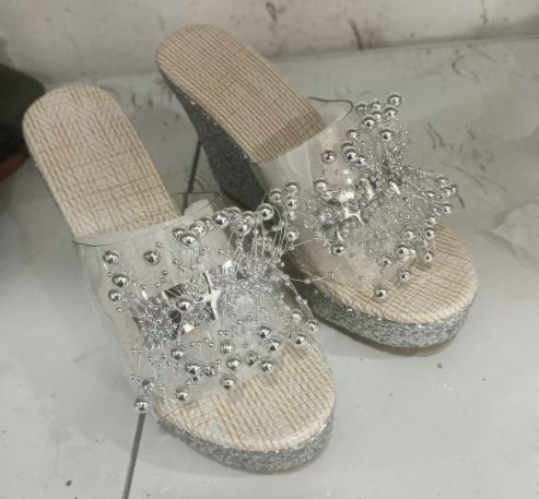 Glitzernde Plateau Sandalen mit Blumen für Frühling & Sommer