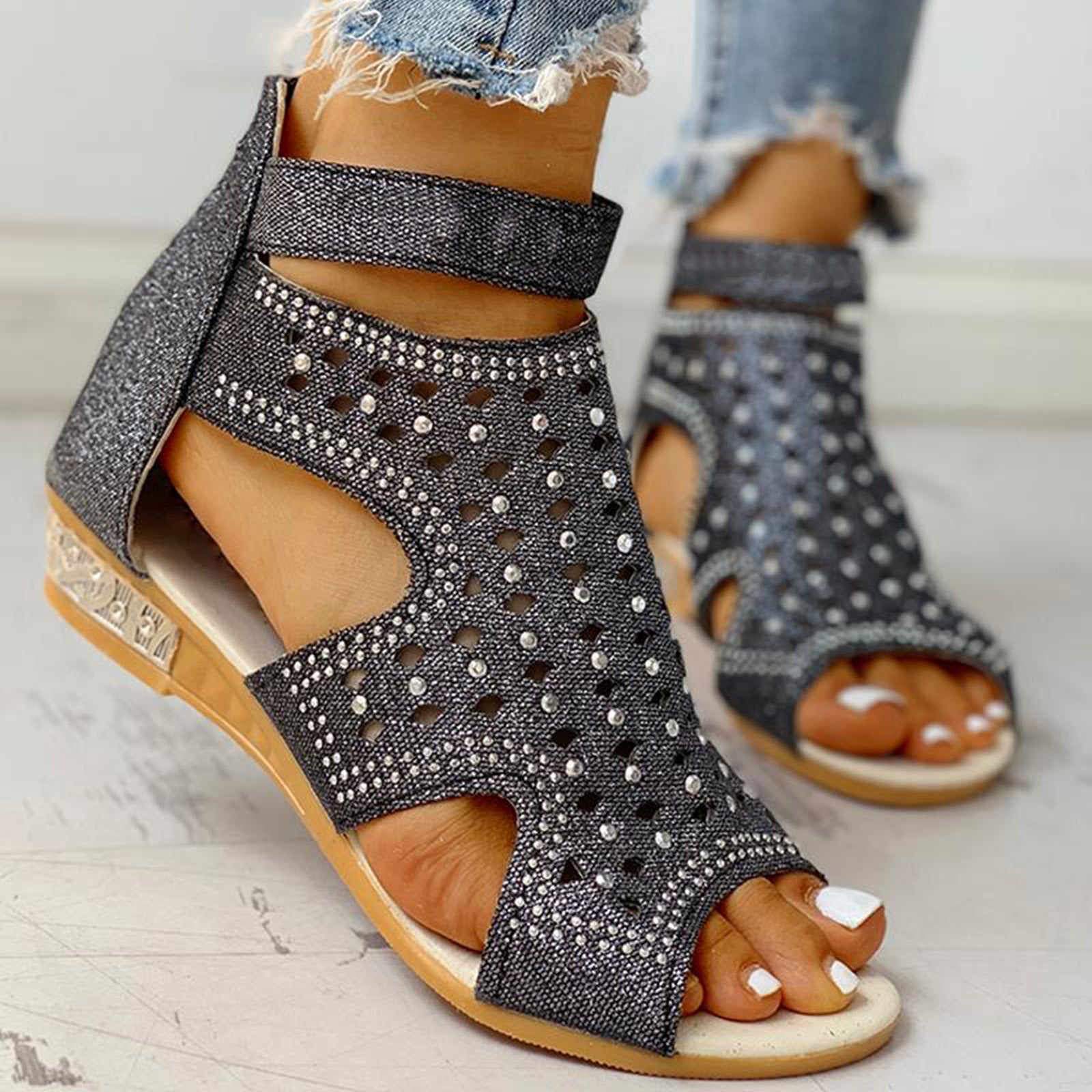Glamouröse Rhinestones Sandalen mit Reißverschluss Sommer