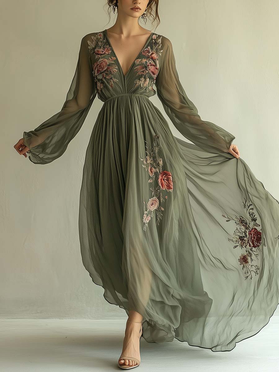 Floral Maxi Kleid mit V-Ausschnitt für Besondere Anlässe