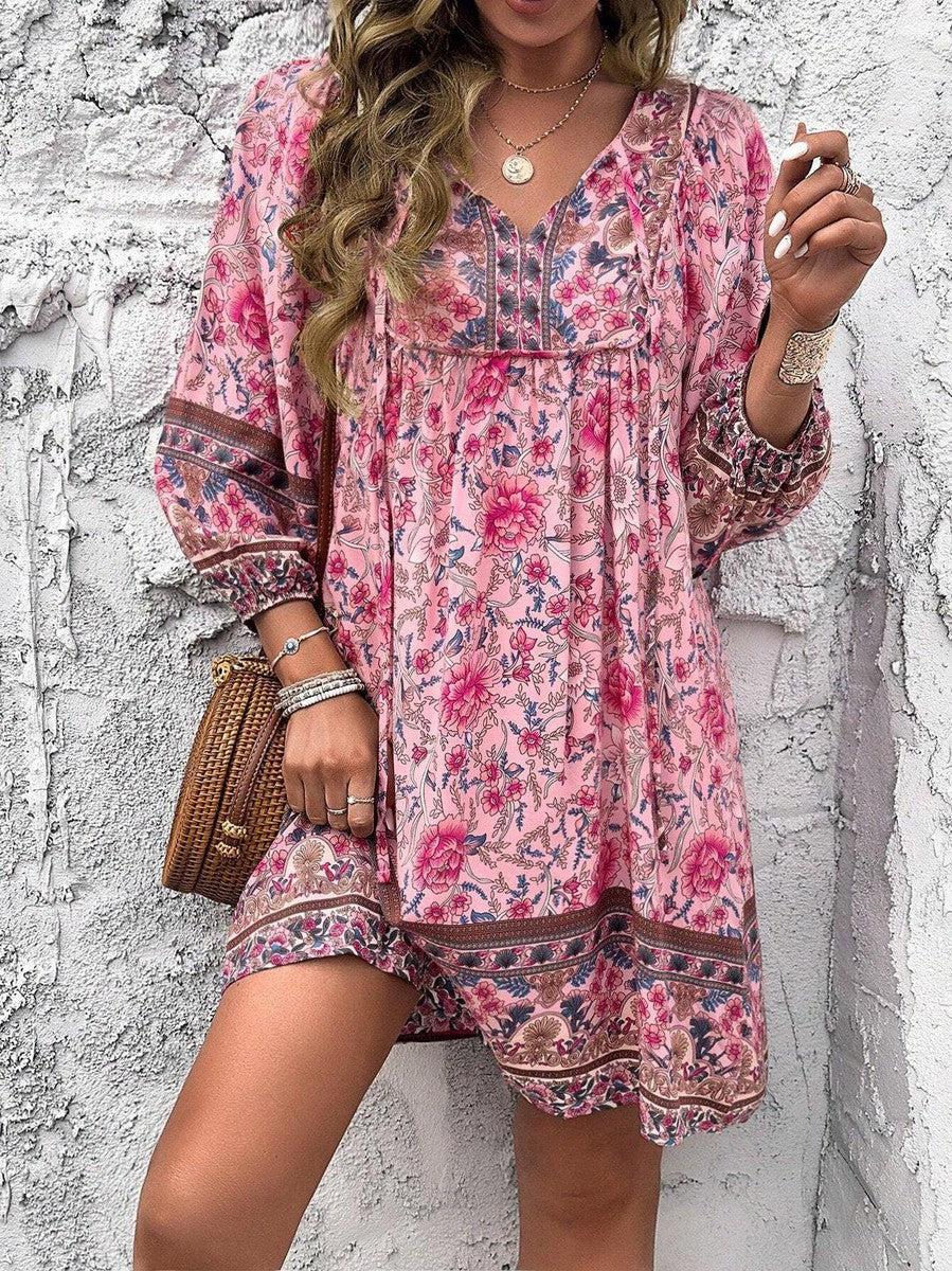 Frühlingshaftes Süßdruck V-Neck Mini-Kleid - Bequem, Vielseitig & Charmant