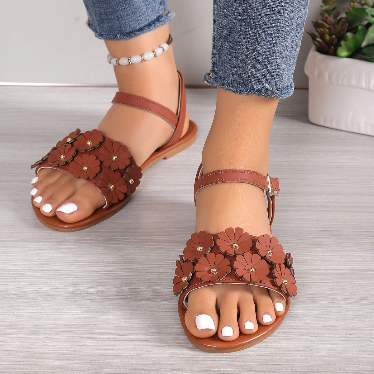 Retro Blumen Sandalen Flach Sommer Casual Damen