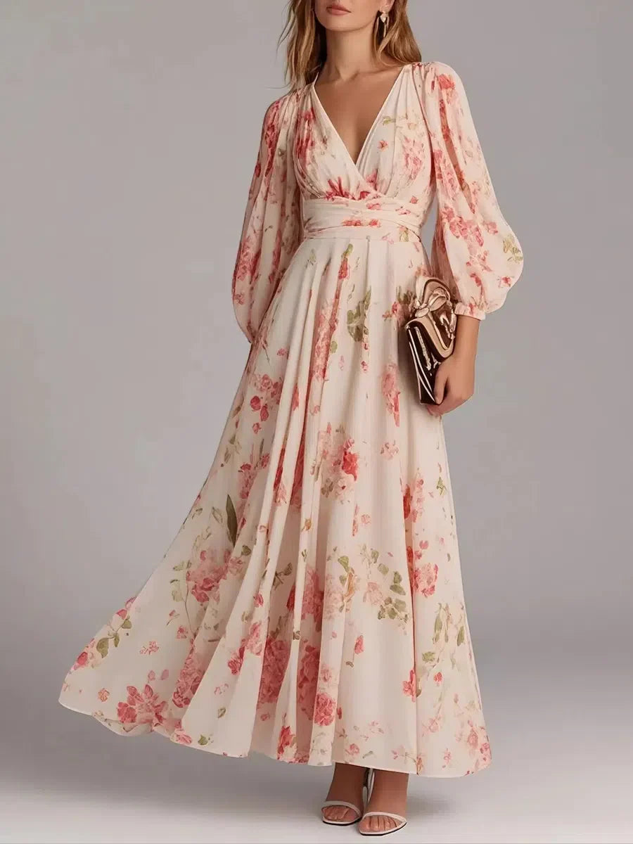 Blumiges Maxi-Kleid mit V-Ausschnitt für elegante Anlässe