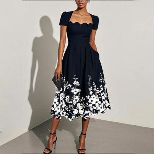 Elegantes Blumenkleid in Schwarz-Weiß für besondere Anlässe