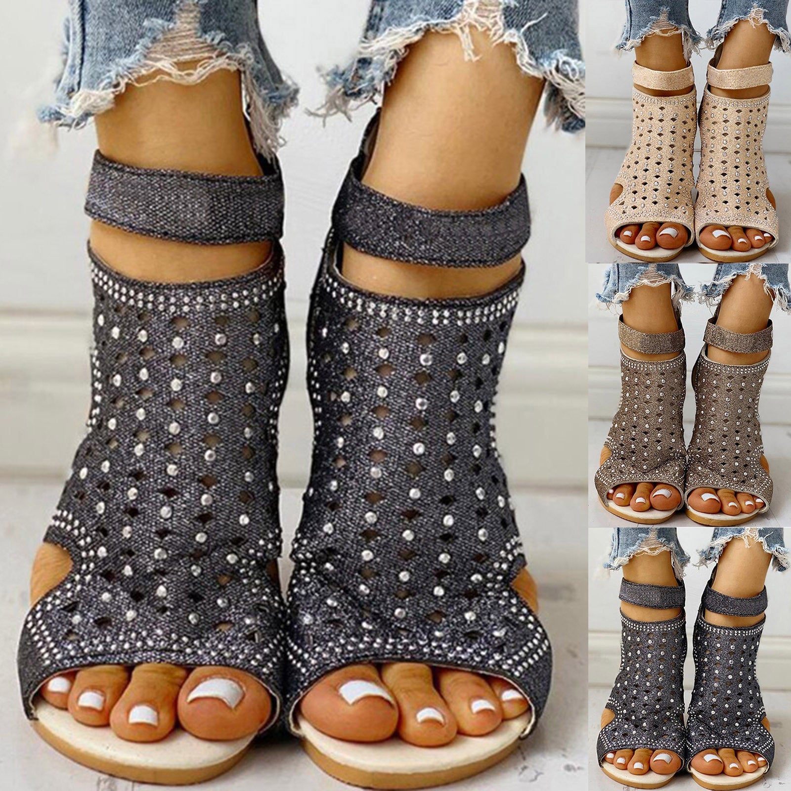 Glamouröse Rhinestones Sandalen mit Reißverschluss Sommer
