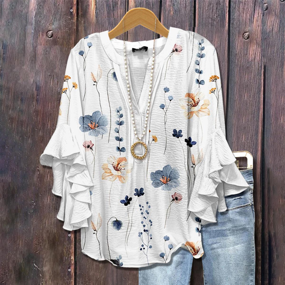 Floral Top mit V-Ausschnitt und 3/4 Ärmeln für Frühlingserlebnisse