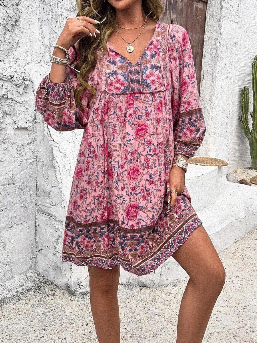 Frühlingshaftes Süßdruck V-Neck Mini-Kleid - Bequem, Vielseitig & Charmant