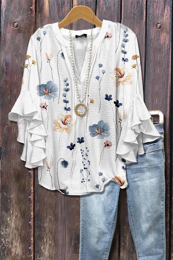 Floral Top mit V-Ausschnitt und 3/4 Ärmeln für Frühlingserlebnisse