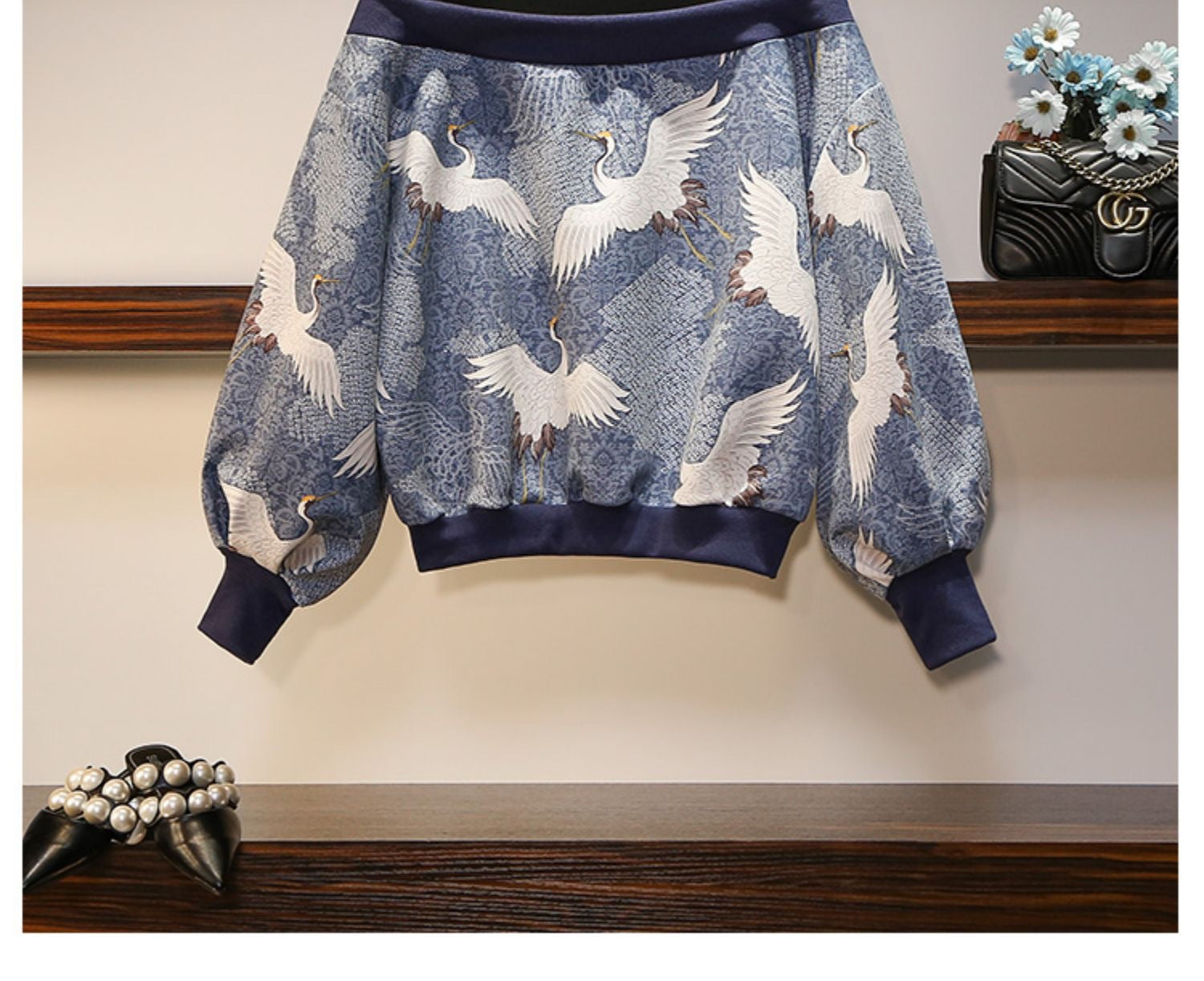 Eleganter Damen-Sweater mit Kranich-Muster für Alltag