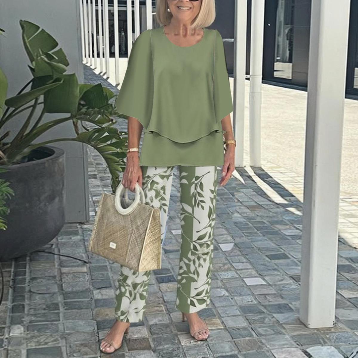 Frühlingshafter Trendy Green Print Zweiteiler mit 3/4-Ärmeln - Stil trifft Komfort