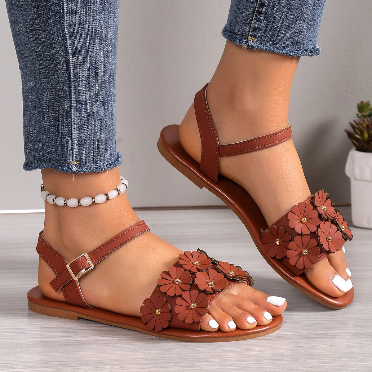 Retro Blumen Sandalen Flach Sommer Casual Damen