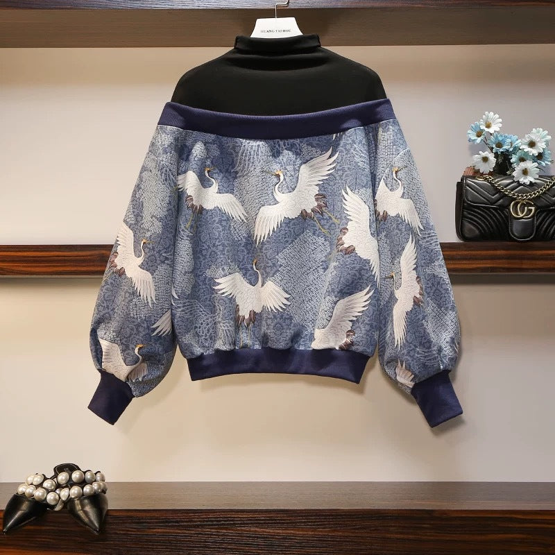 Eleganter Damen-Sweater mit Kranich-Muster für Alltag