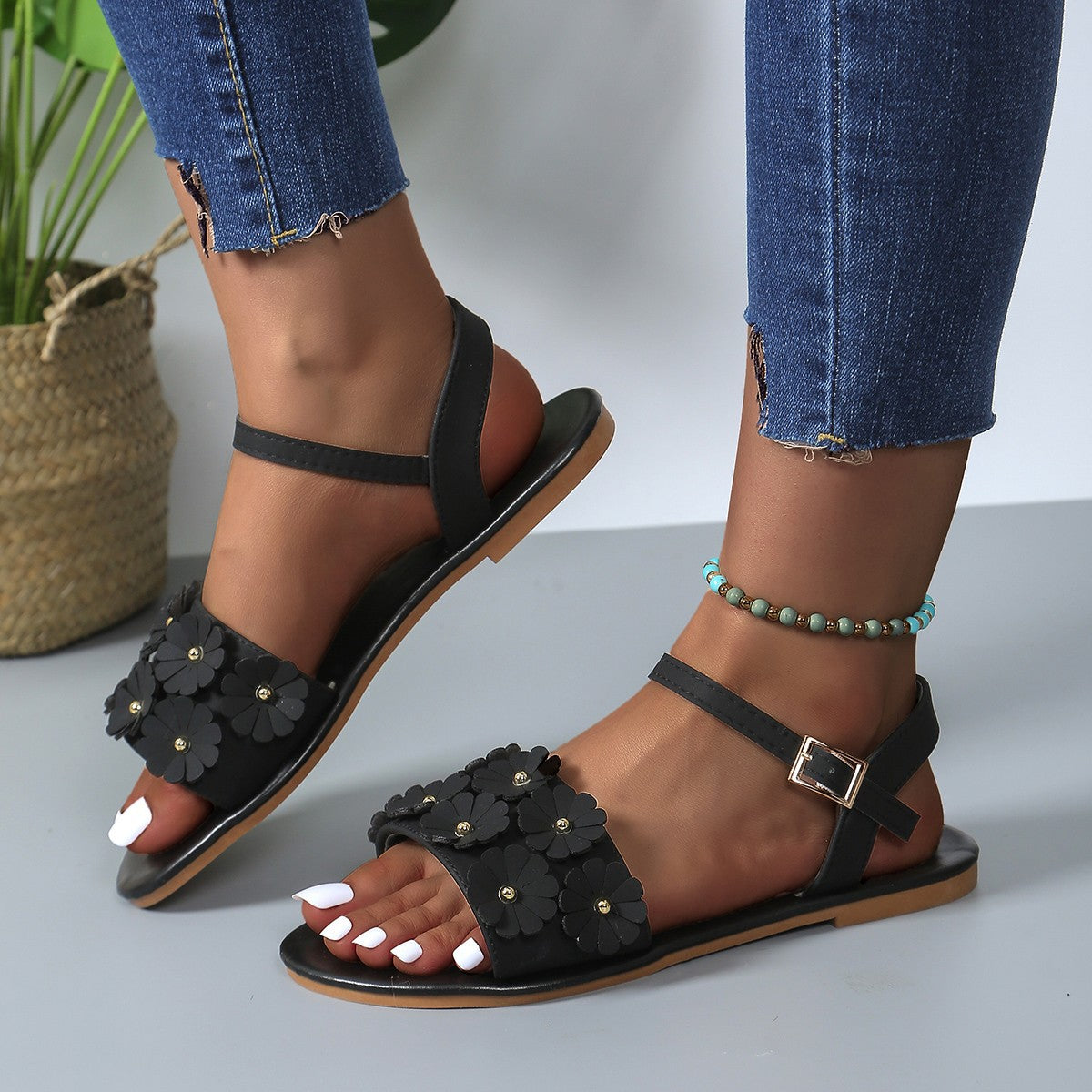 Retro Blumen Sandalen Flach Sommer Casual Damen