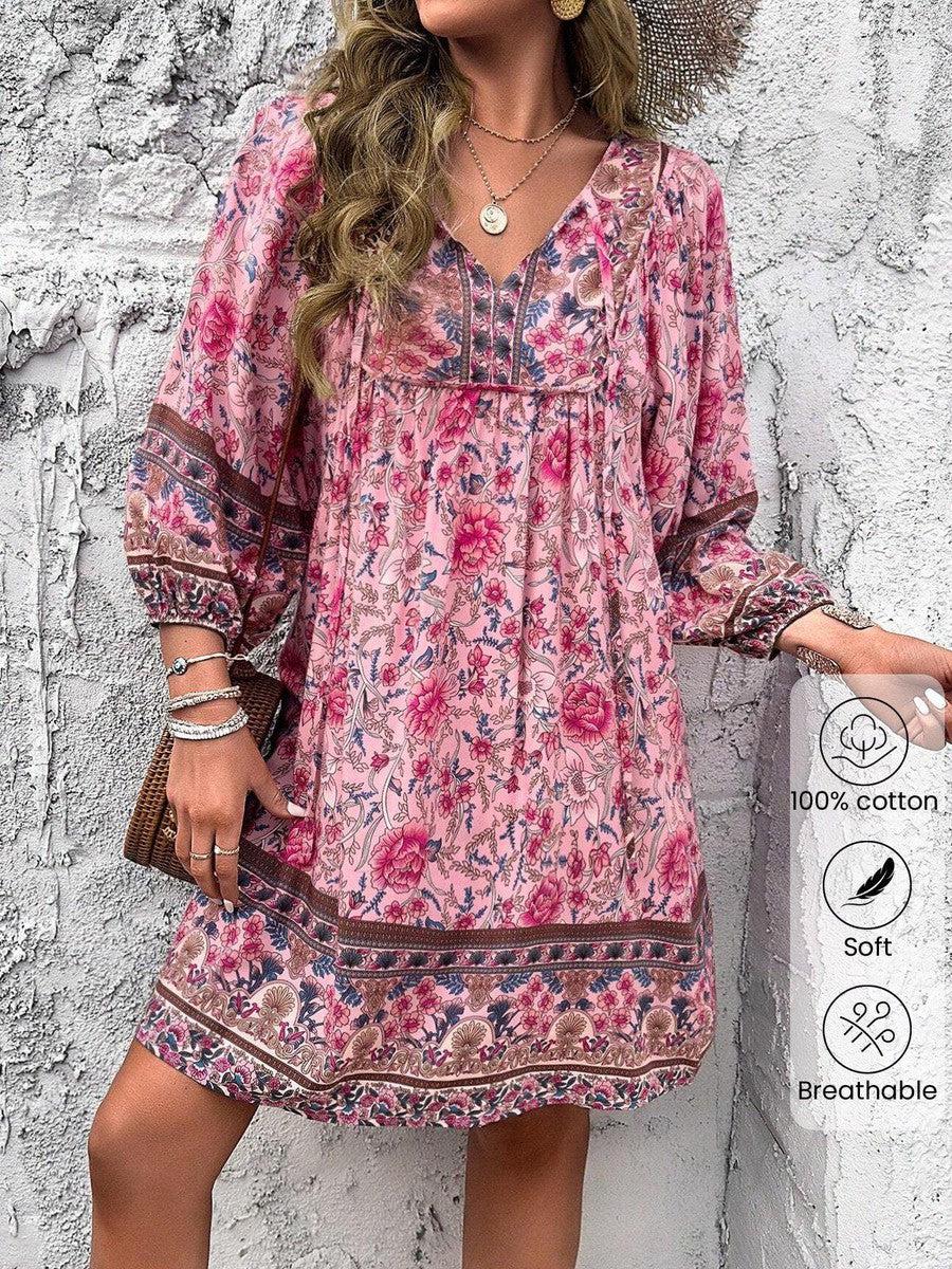 Frühlingshaftes Süßdruck V-Neck Mini-Kleid - Bequem, Vielseitig & Charmant