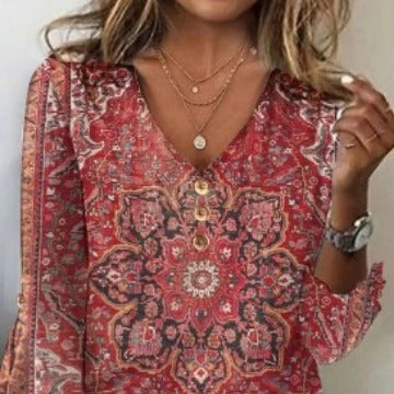 Boho V-Ausschnitt Glockenärmel T-Shirt für Damen