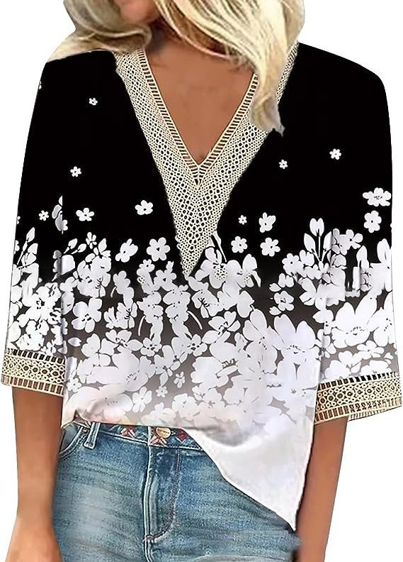 Blumiges V-Ausschnitt T-Shirt für Frühlingslooks