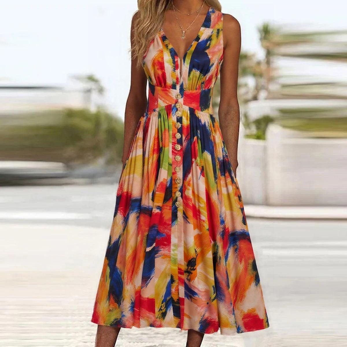 Buntes V-Ausschnitt Midi-Kleid für Alltags- und Festanlässe