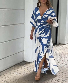 Blue Print 3/4 Sleeve Maxi Dress - Eleganz & Komfort für den Frühling