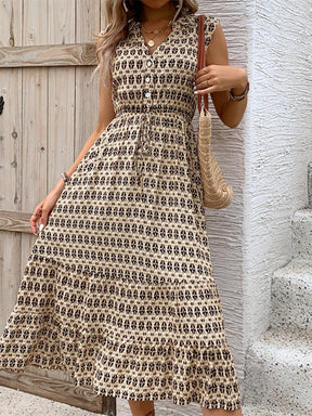 Retro Braun Midi-Kleid ohne Ärmel - Frühlingszauber & Eleganz vereint