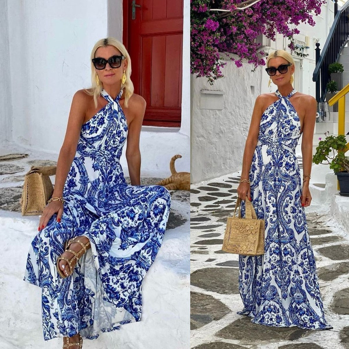 Elegantes Blau-Weiß Maxikleid Perfekt für Urlaub & Abend
