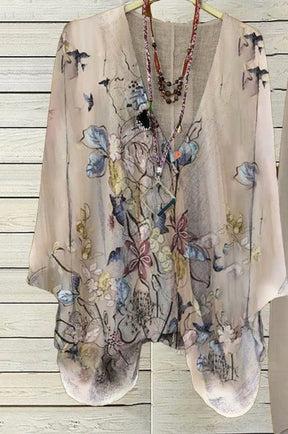 Apricot Plant Print V-Neck Two Piece Set - Frühlingshafter Komfort & Stil
