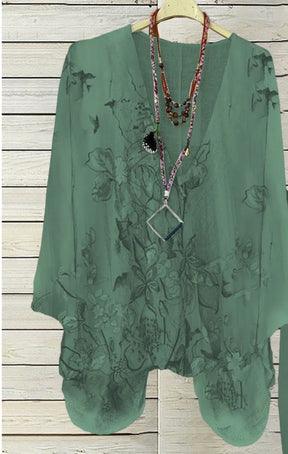 Apricot Plant Print V-Neck Two Piece Set - Frühlingshafter Komfort & Stil