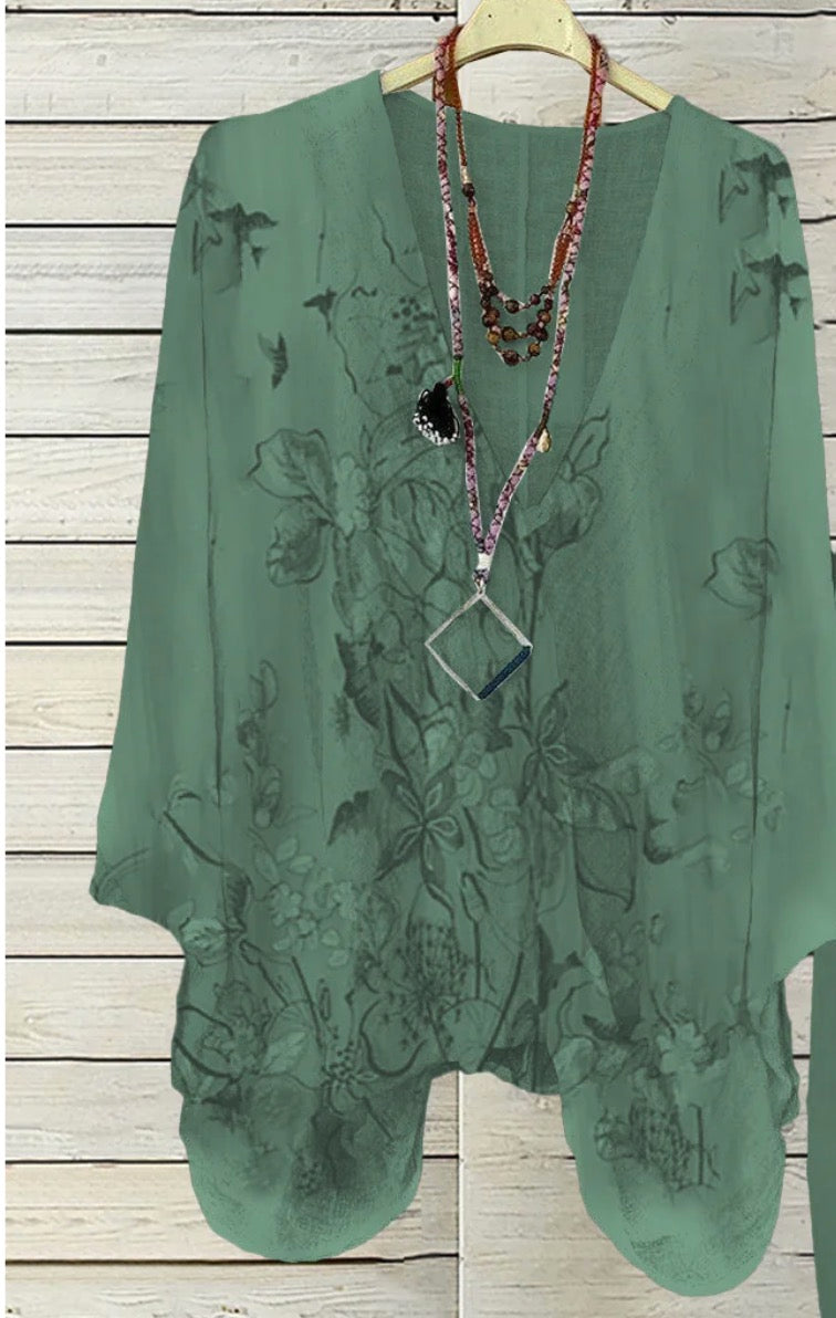 Apricot Plant Print V-Neck Two Piece Set - Frühlingshafter Komfort & Stil