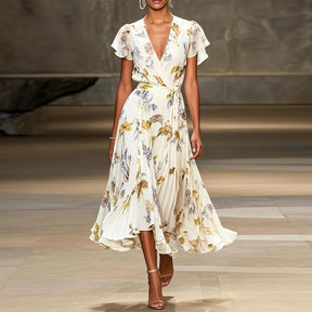 Modernes V-Neck Midi-Kleid mit kurzen Ärmeln - Der Frühlingstrend für Komfort & Eleganz