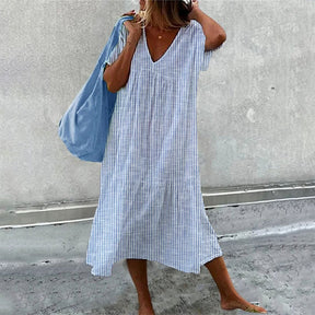 Youthful Striped Print V-Neck Midi Dress - Ihr modebewusster Frühlingsbegleiter