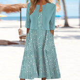 Frühlings-Update: V-Neck Midi-Kleid mit Jacke in A-Linie und Print-Design