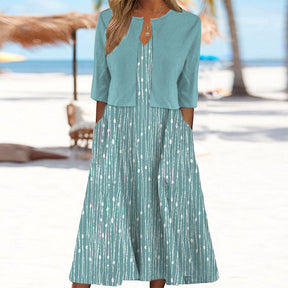 Frühlings-Update: V-Neck Midi-Kleid mit Jacke in A-Linie und Print-Design
