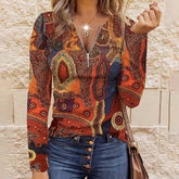 Autumn Aztec Geometric Zippered Long Sleeve Top - Frühlingsfrischer Style