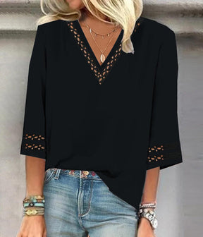 Black V-Neck 3/4 Sleeve Top - Frühlingshafter Chic & Komfort in Einem