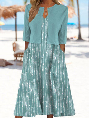 Frühlings-Update: V-Neck Midi-Kleid mit Jacke in A-Linie und Print-Design