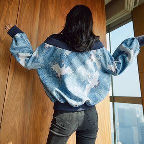 Eleganter Damen-Sweater mit Kranich-Muster für Alltag