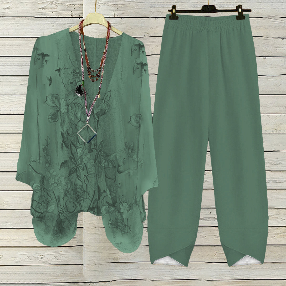 Apricot Plant Print V-Neck Two Piece Set - Frühlingshafter Komfort & Stil