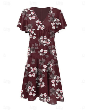 Sommerliches Blumenkleid mit Rüschen V-Ausschnitt für Alltag