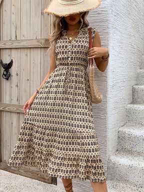 Retro Braun Midi-Kleid ohne Ärmel - Frühlingszauber & Eleganz vereint
