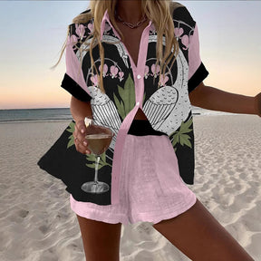 Bunter Urlaubs-Shortsanzug mit 3D-Muster für Damen