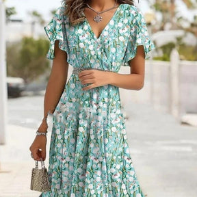 Sommerliches Blumenkleid mit Rüschen V-Ausschnitt für Alltag