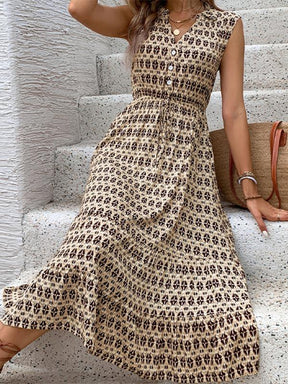 Retro Braun Midi-Kleid ohne Ärmel - Frühlingszauber & Eleganz vereint